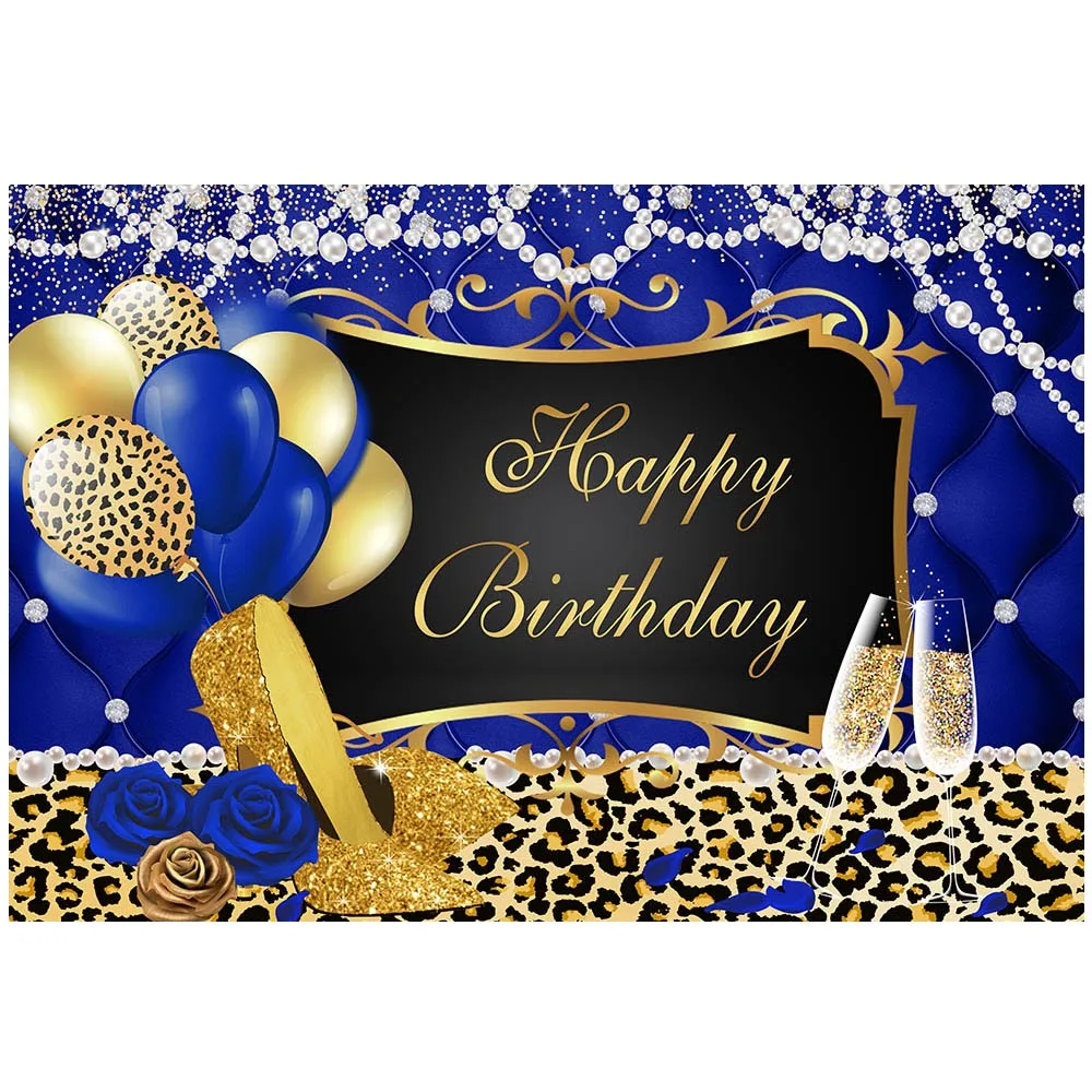 ليوبارد المرأة عيد ميلاد سعيد خلفية ديكور حفلة الذهب عالية الكعب اللؤلؤ الملكي الأزرق مخصص صور خلفية التصوير فوتومكو