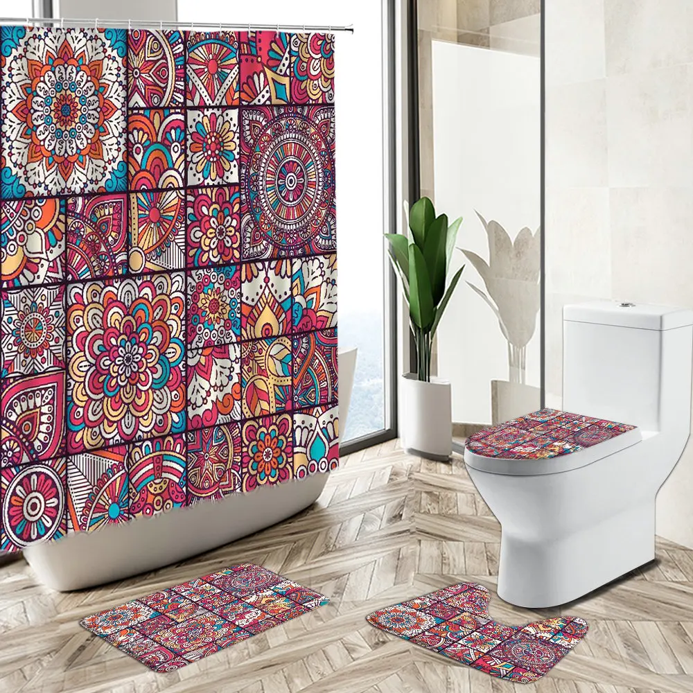 

Indian Mandala Floral Shower Curtain Bohemian Color Ethnic Art Home Non-Slip Pedestal Rug Toilet Cover Bathroom Bathtub Deco Set