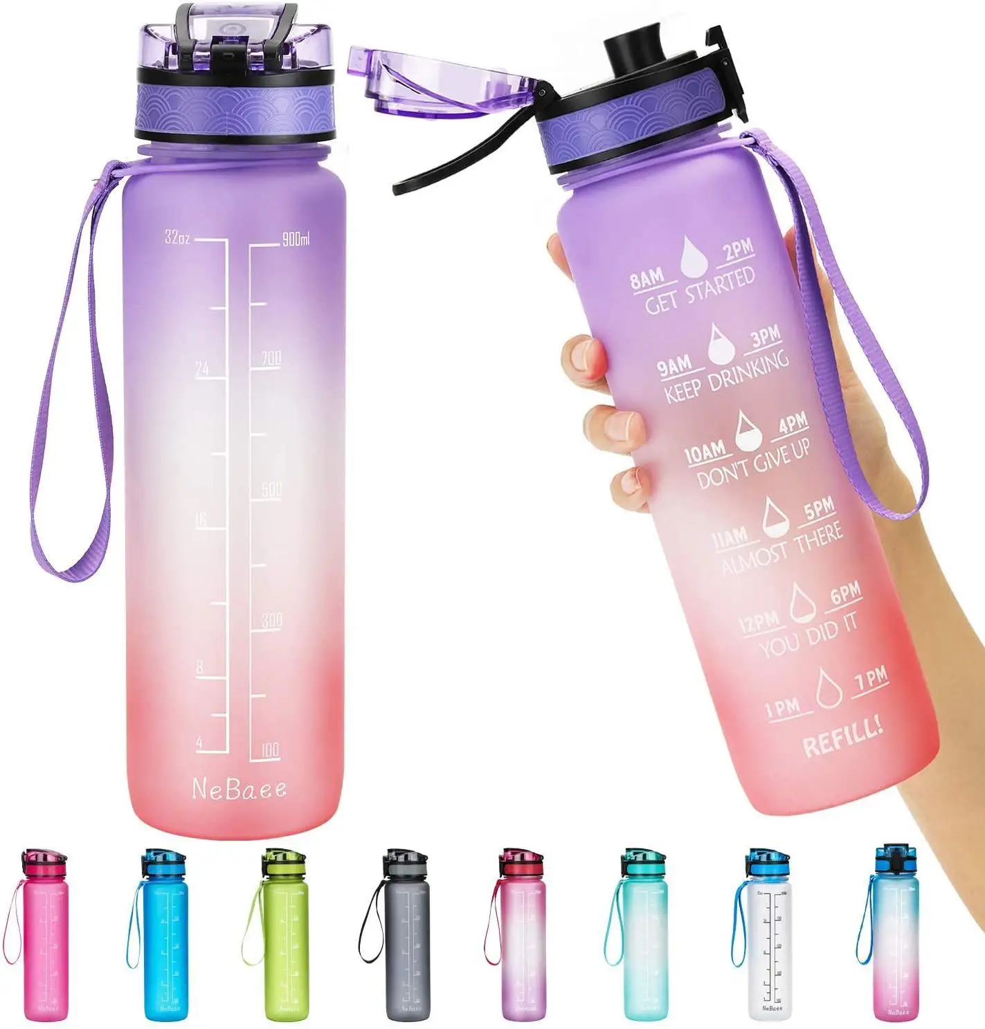 Motivational Fitness Sports Water Bottle, Time Marker, Removable Strainer, BPA Free, Non-Toxic