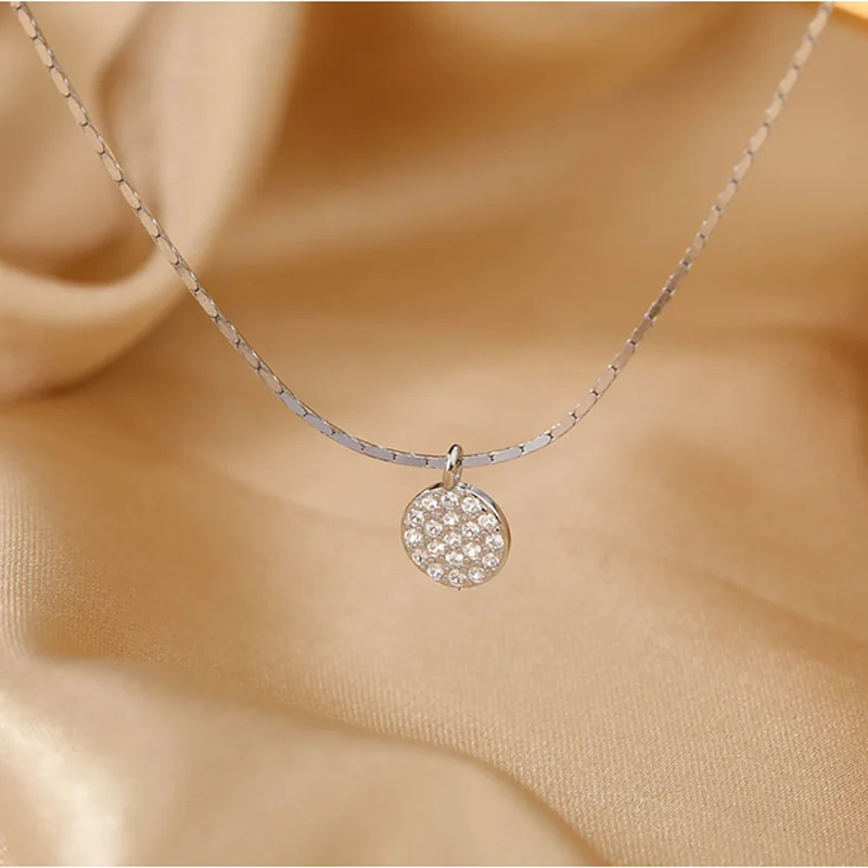 New 925 Sterling Silver Full Zircon Disc Choker Necklace Shiny Round Pendant Snake Chain Wedding Gift For Women Fine Jewelry