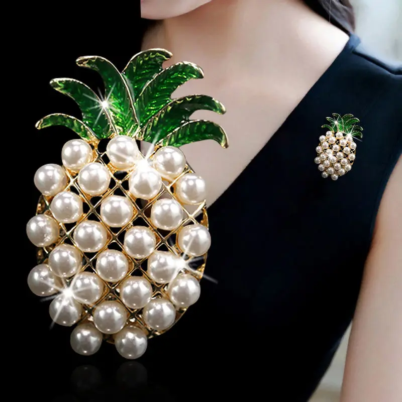 Fashion Fruit Pineapple Pearl Brooch Badge Pin Diamond Drop Oil Enamel Corsage Clothing Accessories Collar Pin Jewelry Gift