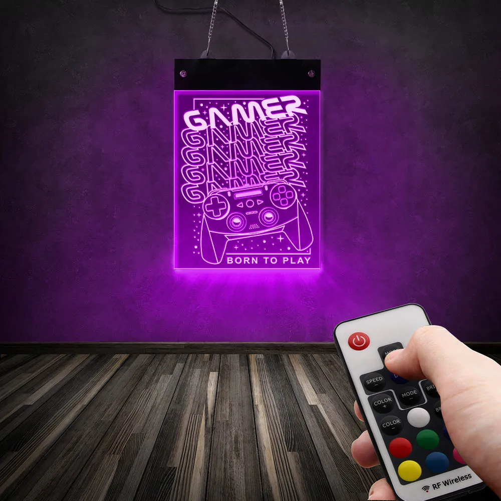 Born To Play Game Zone LED Neon Sign Man Cave Decor Wall Light Gamepad Electronic Lighted Lamp Joysticks Hanging Display Board