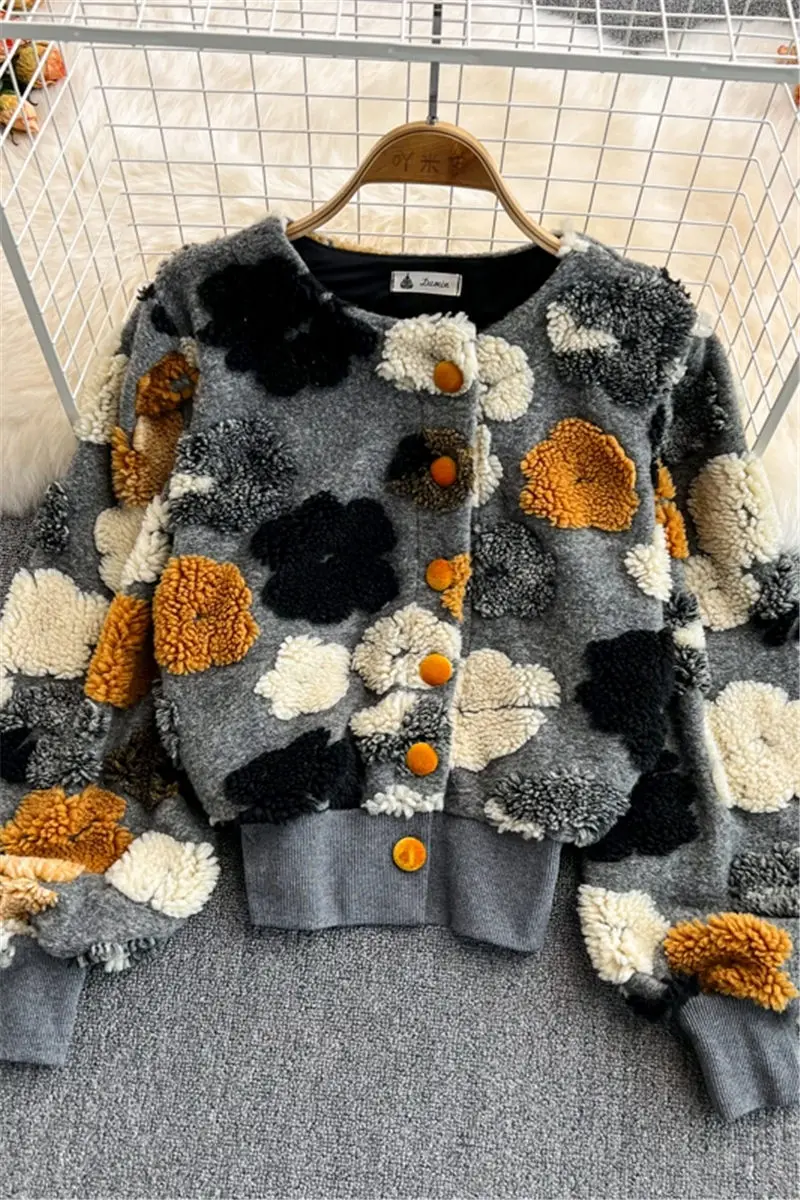 Cardigan à manches bouffantes et col rond pour femme, pull Chic rétro, avec fleurs en 3D, boutonnage simple, veste courte, printemps coréen, m196