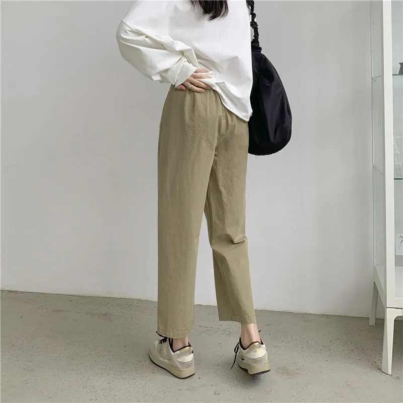 Pantalones bombachos rectos de algodón para mujer, pantalón informal ajustado de cintura alta, ropa coreana para oficina, primavera y otoño