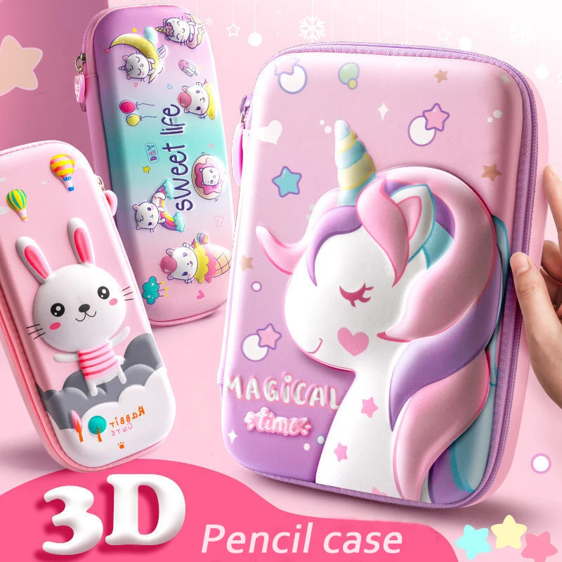 adoravel unicornio rosa dos desenhos animados 3d lapis caixa de armazenamento caneta bolsa para estudante da escola kawaii menina bolsa borracha titular stationer 01