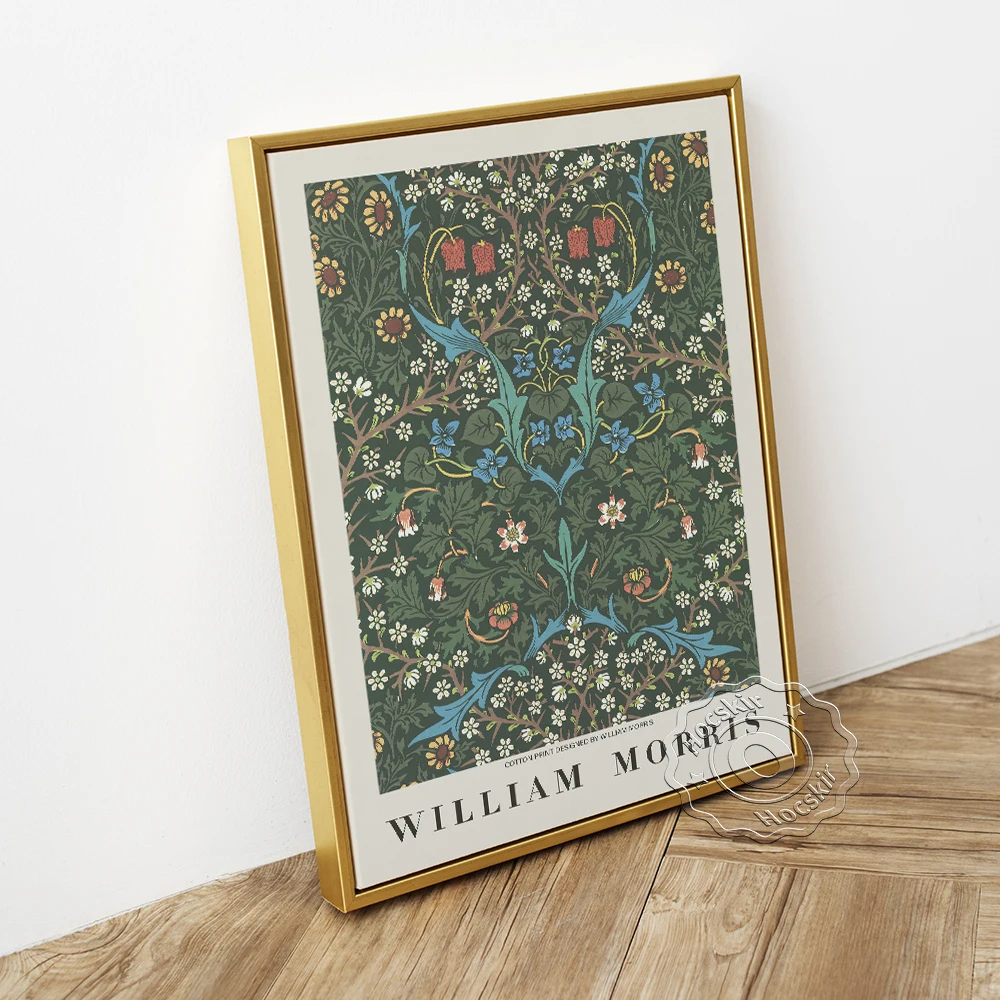 William Morris Exhibition Museum Art Prints Poster, Flora Acanthus Canvas Painting, Navy Blue Fabrics Flowers Pattern Home Decor