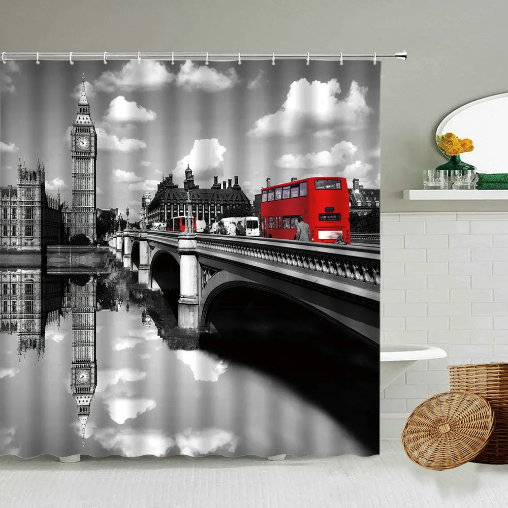 London Big Ben Building Bridge Waterproof Shower Curtain Red Bus City Scenery Bathroom Wall Decoration With Hook Screen Washable