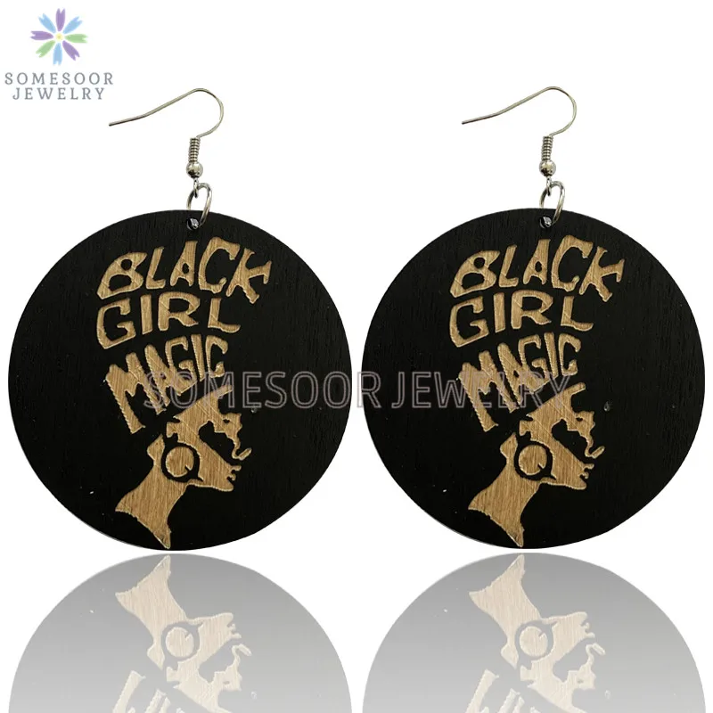 SOMESOOR Black Girl Magic African Ethnic Wooden Drop Earrings Afro Headwrap Art Engraved Loops Dangle Jewelry For Women Gifts