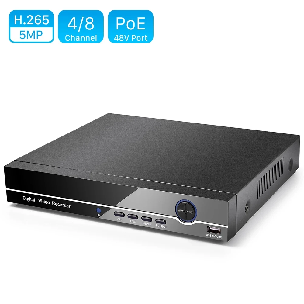 

H.265 H.264 4CH 8CH CCTV NVR 48V PoE NVR 4*5MP/ 8*4MP Surveillance Security Video Recorder IP Camera Motion Detect PoE NVR P2P