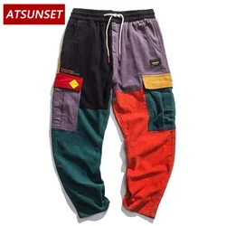 ATSUNSET  Color Stitching Cargo Pants Pocket Casual Streetwear Harajuku Sweatpants Male Hip Hop Trousers