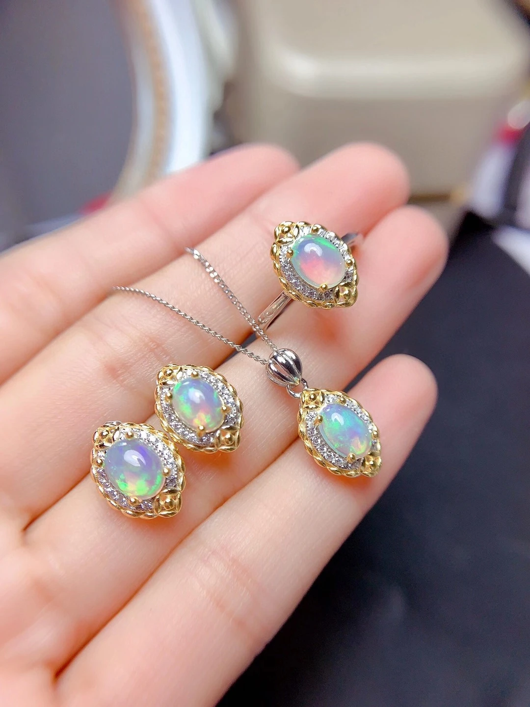 hot natural opal gemstone necklace and earrings jewelry set including necklace ring earrings real 925 silver present chain gift