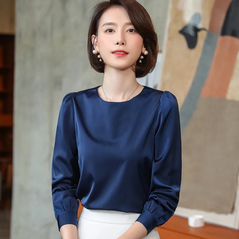 White Shirt Women 2022 Spring New Fashion O Neck Long Sleeve Chiffon Blouses Office Ladies Bottoming Work Tops Navy Blue