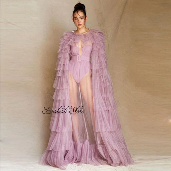 

Modest Lavender Tulle Formal Event Dress With Long Ruffles Tiered Cape Sexy See Thru Party Dresses Summer Pretty Bridal Gowns