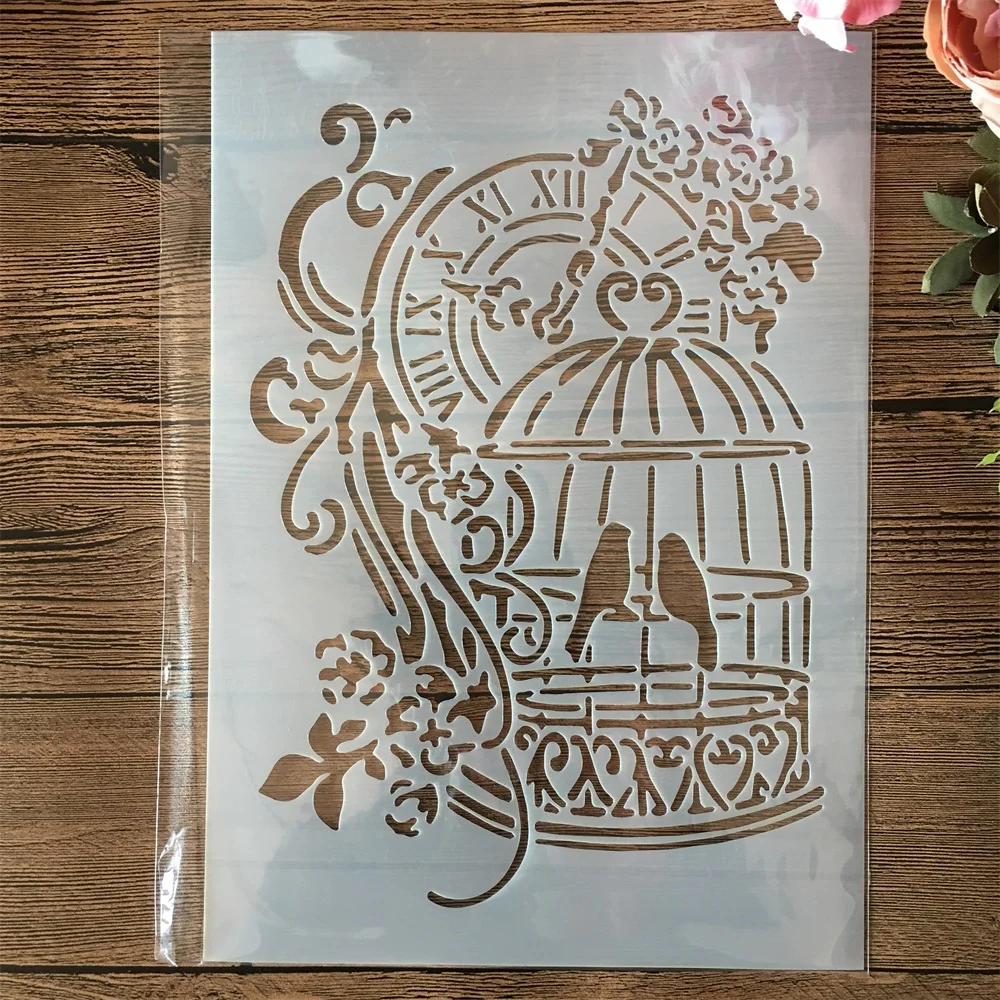 A4 29cm Bird Clock Birdcage DIY Layering Stencils Painting Scrapbook Coloring Embossing Album Decorative Template