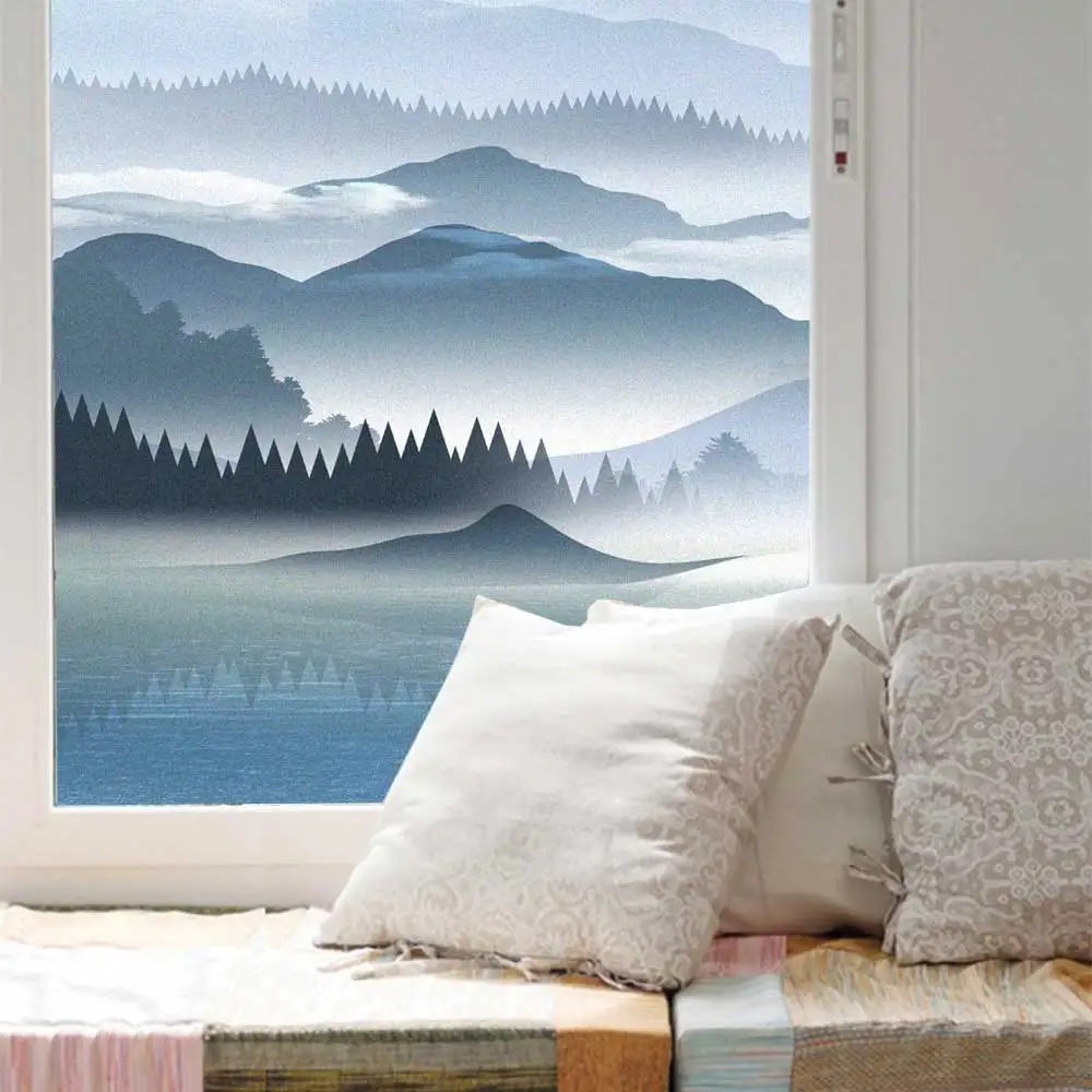 Window Film Privacy Mountain Scenery Frosted Glass Sticker UV Blocking Heat Control  Window Coverings Window Tint for Homedecor