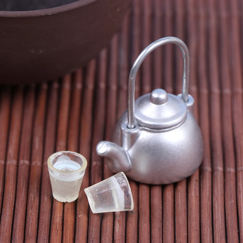 3Pcs Doll House Miniature Vintage Metal Kettle Cup Model Simulation Mini Kitchen Tea Pot Toy Decoration Dollhouse Accessories