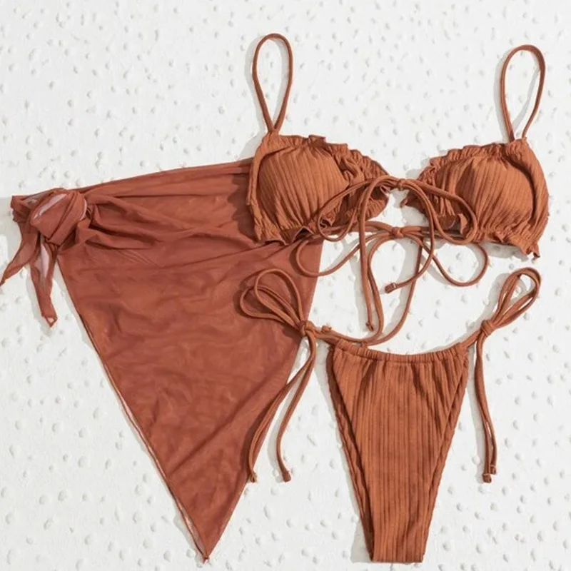 Sexy 3 Delige Bikini Set Met Cover Up Strand Jurk Effen Push Up Biquini Braziliaanse Badmode Vrouwen Thong Bikini 2021 mujer