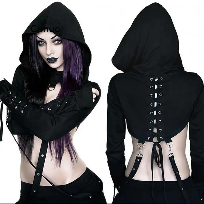 

T Shirt Women Spring and Autumn Top Buttonhole Strap Hooded Long-Sleeved Dark Gothic Style Halloween Sweater Essentials Hoodie