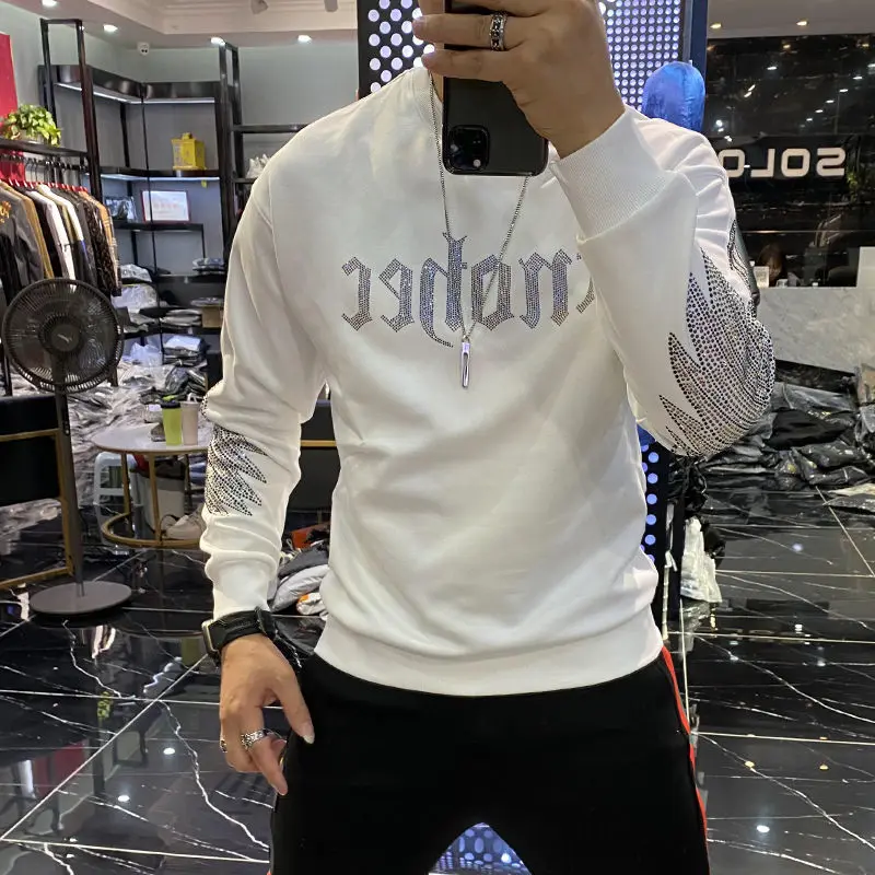 Strass Vleugels Trui Mannen Lente Crewneck Sweatshirt Mannelijke Zwarte Top Modieuze Koreaanse Stijl Lange Mouwen T-shirt Mannen Wit