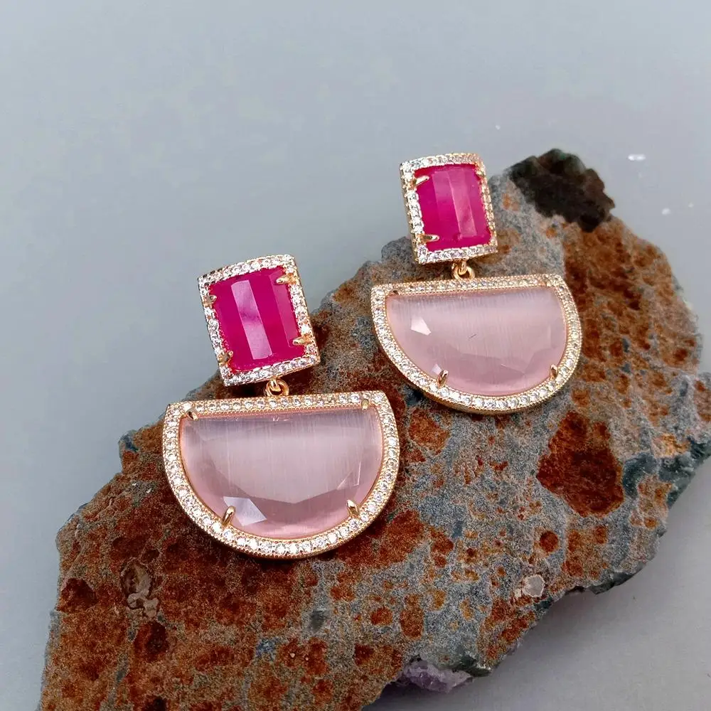 Y.YING Semicircle Pink Fuchsia Cat Eye Dangle Stud Earrings Geometric Fashion Jewelry