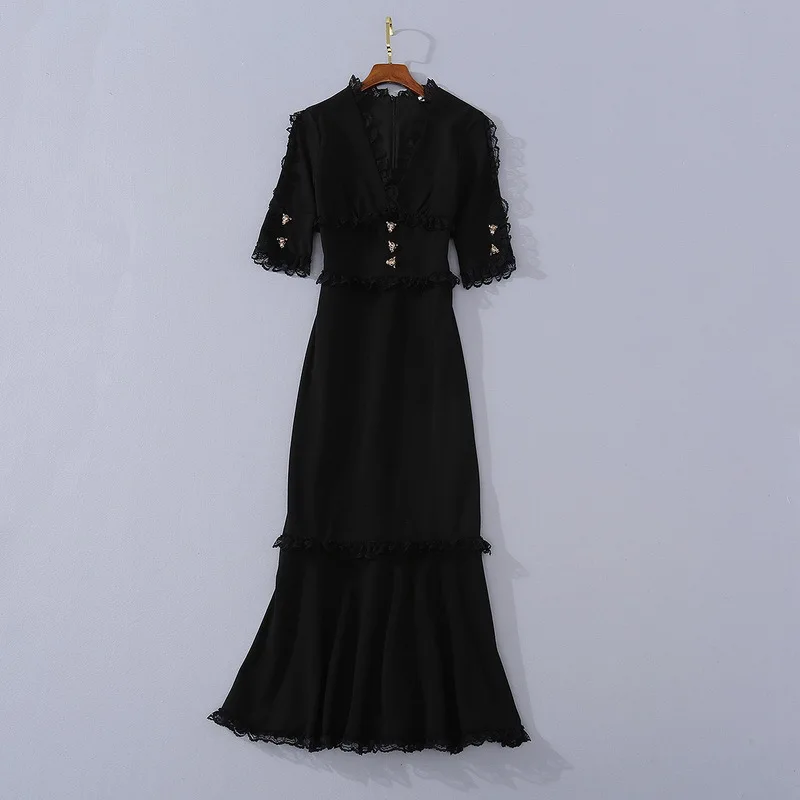 

European and American women's wear 2020 summer new style Five-point sleeve stand collar lace Fashionable black fishtail dress