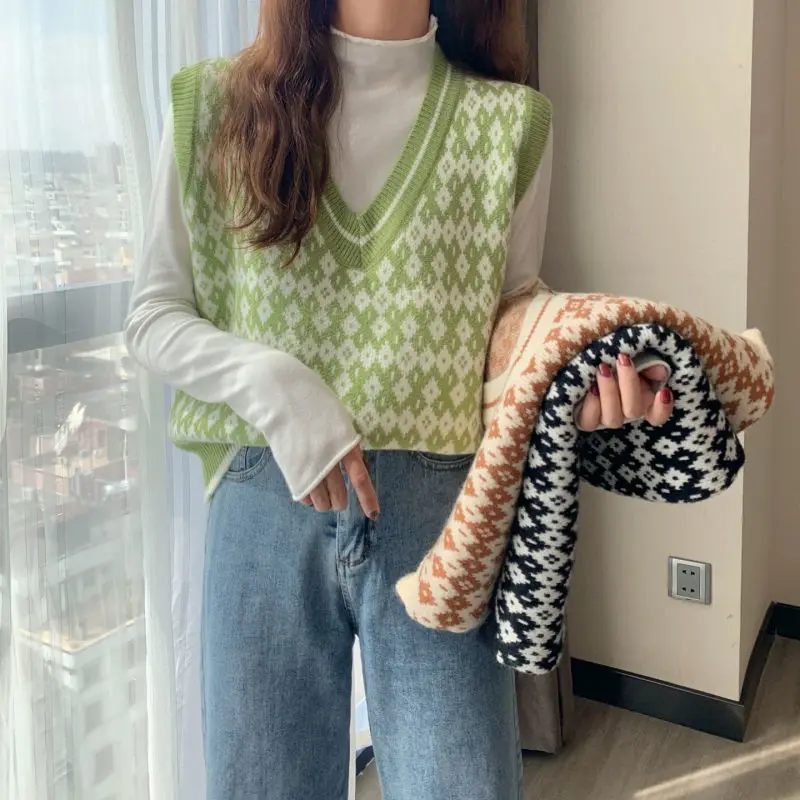 

Sweaters Vests Women Knitted V-Neck Argyle Sweater Vest Womens Pullovers Korean Style Sleeveless Casual Loose Fashion Chic