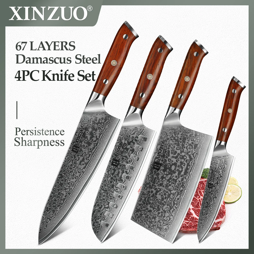 

XINZUO 4 PCS Kitchen Knife Set Damascus Steel Chef Knives Set Pro Master Santoku Utility Chopping Knives Stainless Steel Cutlery