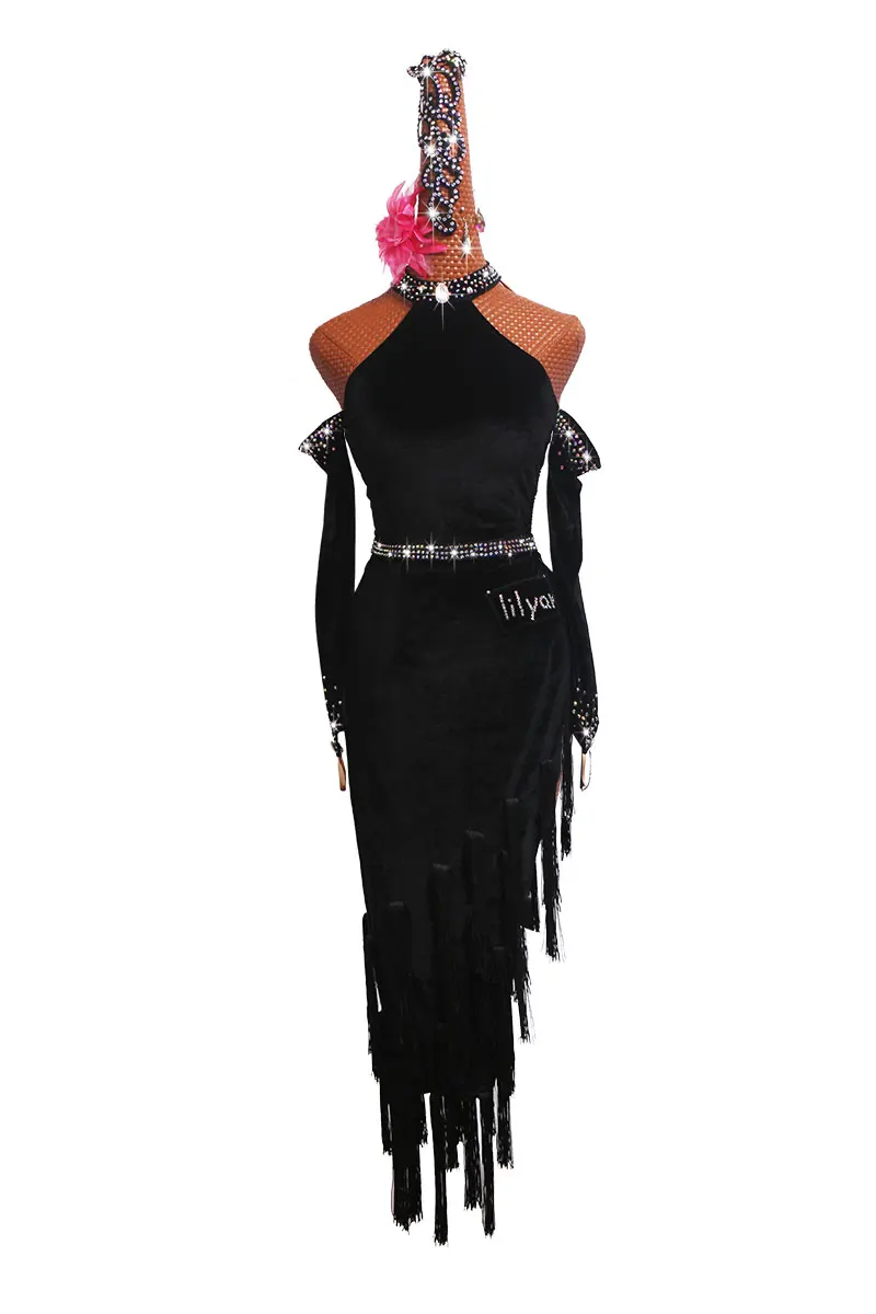 

Latin Dance Competition Costume Performance Costume Adult Women's Chinese Black Slimming tassels Skirt #LD0080
