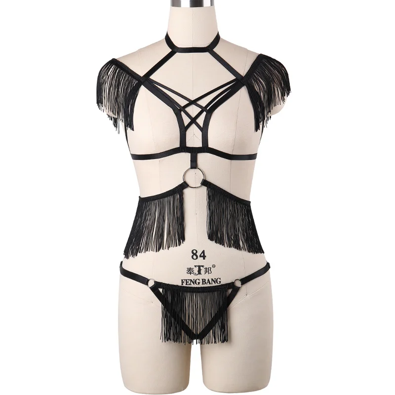 HANAERNES Elastic Adjustment Punk Dance Carnival Costume Gothic Suspender Women's Bra  tassel Tight Top Garter Sexy Lingerie Set