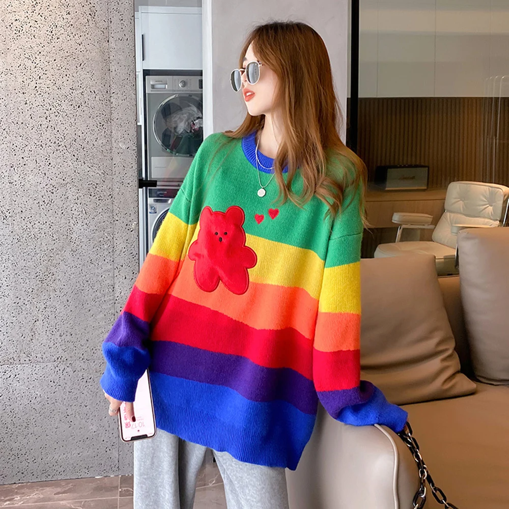 Rainbow Stripes Print Bear Sweater Women Hip Hop O-neck Knitted Pullover Jumper Streetwear Loose Knitwear Sweaters 2022