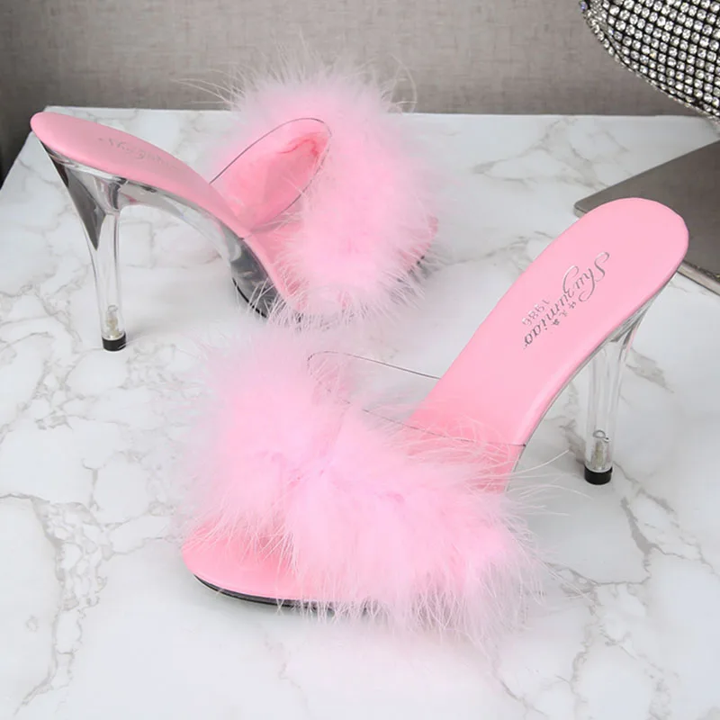 Transparent Fur Slides Women Shoes 2021 New Design Summer Fluffy Feather Stiletto Shoes 11CM Sexy Transparent PVC Jelly Sandals