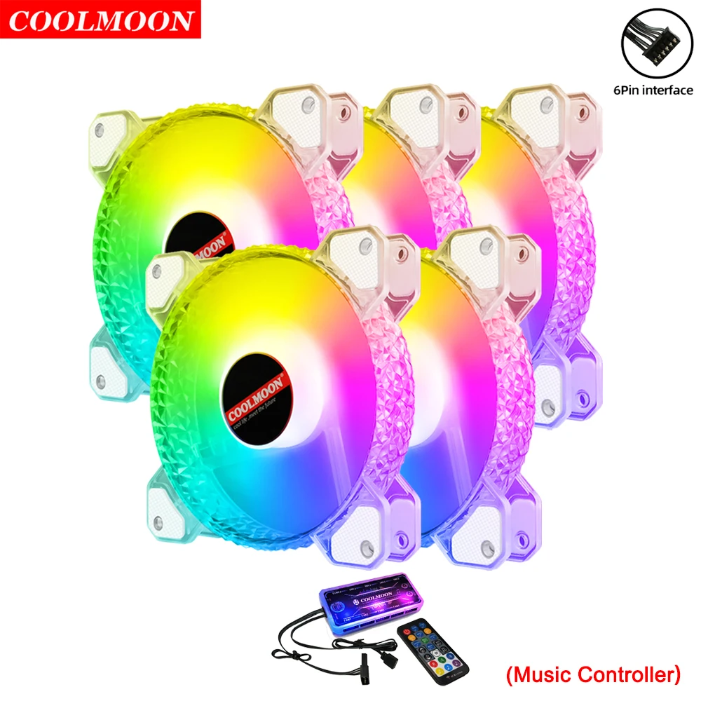 coolmoon estilo diamante 120 mm computador case ventilador 6pin silencioso refrigerador mudo rgb ventiladores de refrigeracao do radiador controlador musica 01