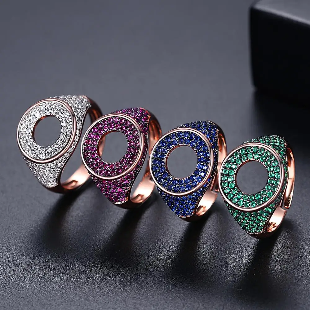 HUAMI Hip Hop Adjustable Rings for Women Jewelry Accessories Hollow Out Round Finger Rings Fashion Four Color Zircon Bijoux