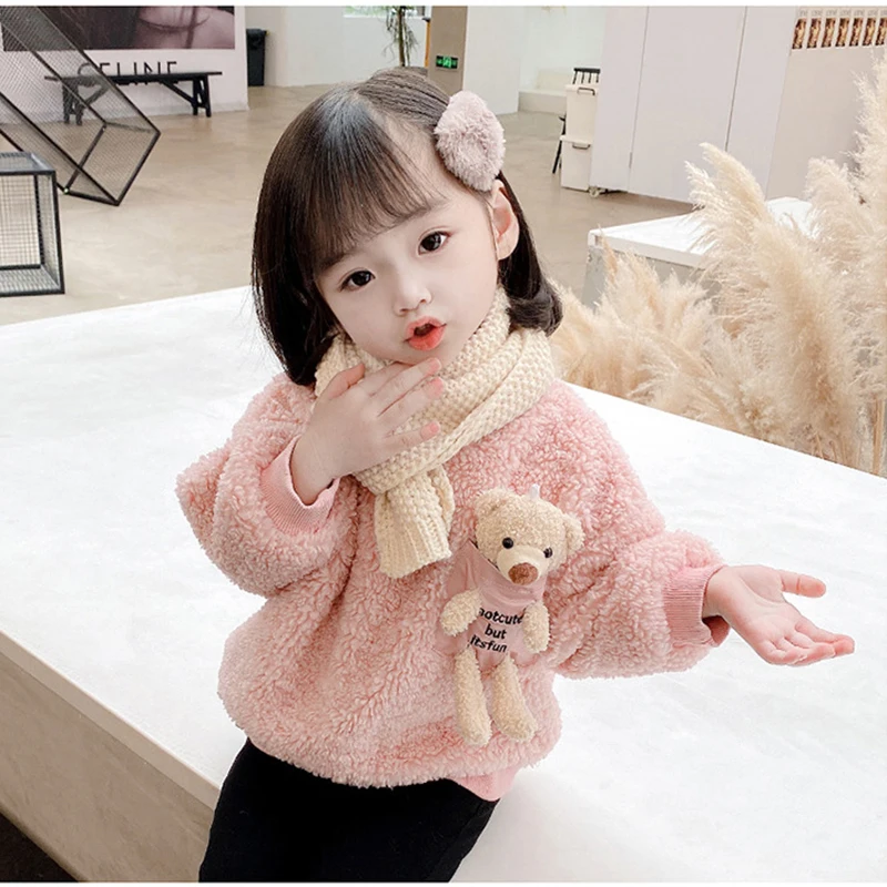 1 2 3 4 5 6 Year Baby Girls Sweatshirt Spring Autumn Warm Fleece Tops Cute Bear Pullover Children\'s Sweater Toddler Girl Clothes