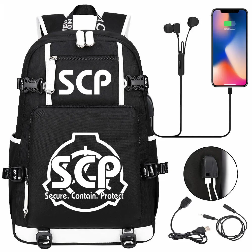 SCP Secure Contain Protect Backpack Black Bookbag Cartoon School Bags for Teenage Kids Travel Bagpack USB Laptop Shoulder Bags