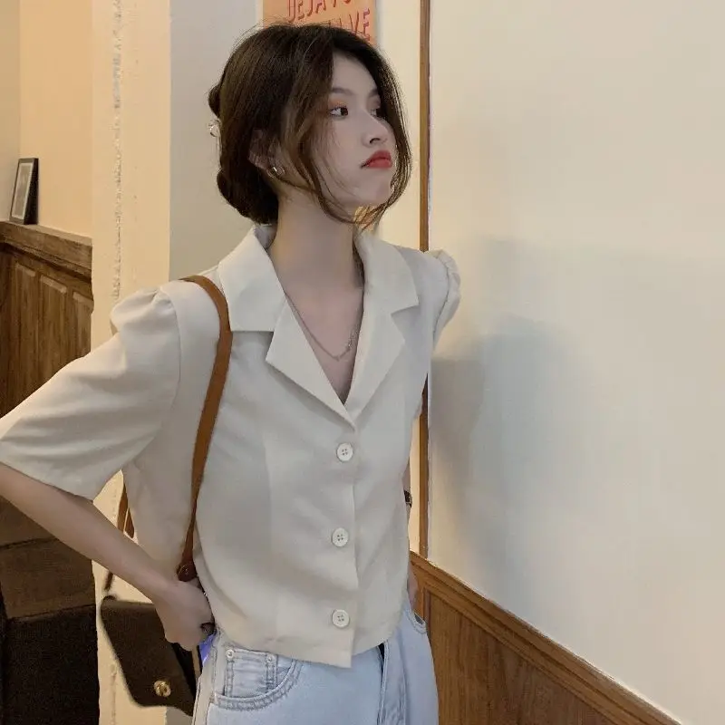 Shirts Women Notched Elegant Fashion Summer Crops Chic Ulzzang Office Ladies Basic All-match Simple Single Breasted Casual Solid