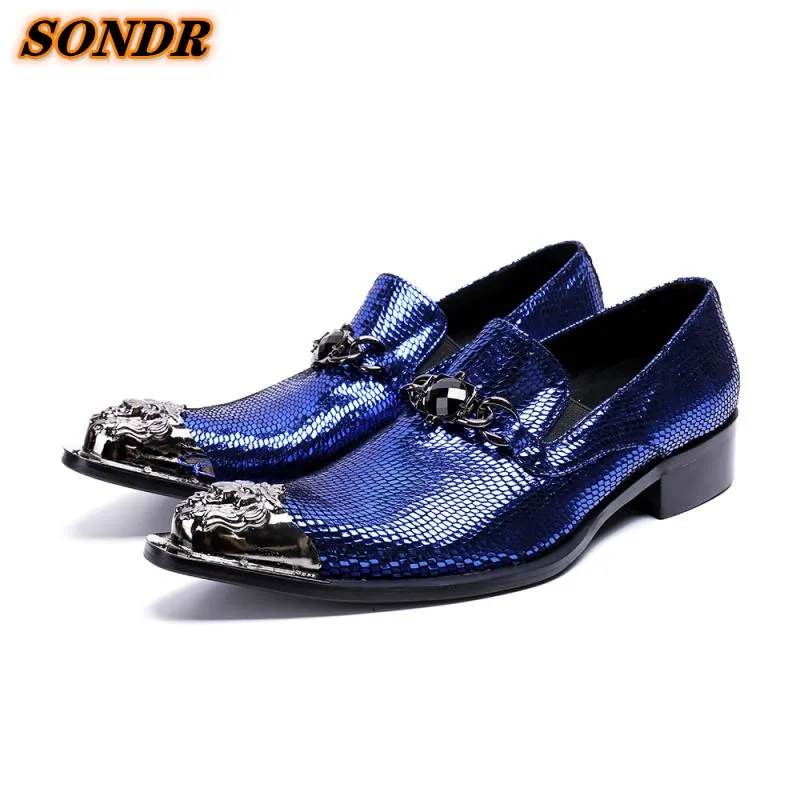 

Blue Fish Pattern Men Iron Pointed Toe Shoes British Style Slip On For Men Elegant Dress Business Formal Shoes Zapatos De Hombre