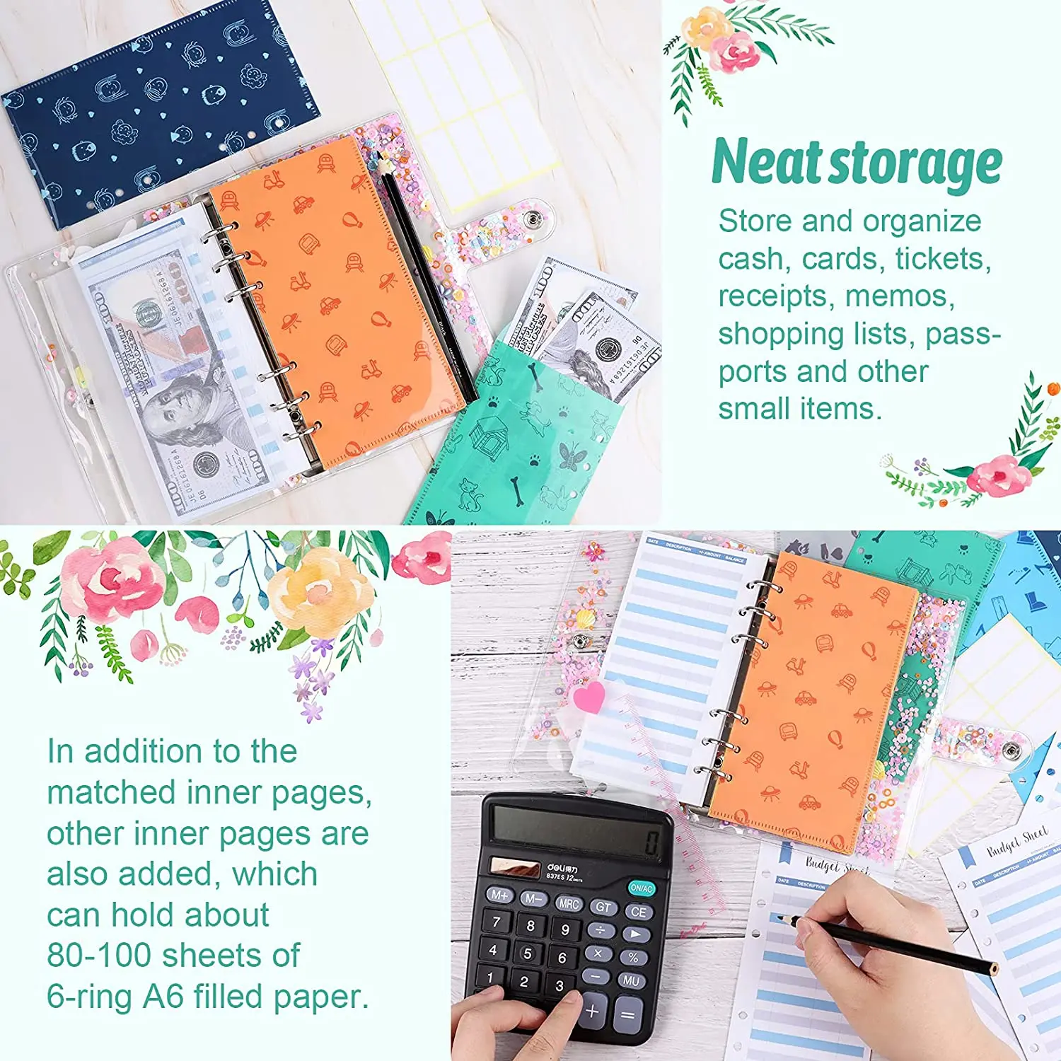 29 Pieces A6 PVC Binder Glitter Cover Sets with 12 Budget Envelopes,Expense Budget Sheet,1PVC Bag, 1 Ruler and 2 Label Sticker