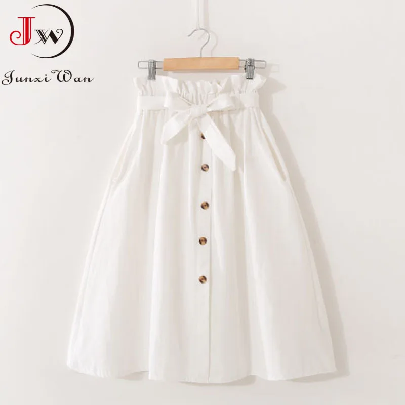 Women Casual Cotton Skirts Spring Summer Korean Style Solid Elegant High Waist Single-Breasted Bow Lace Up A-Line Midi Skir