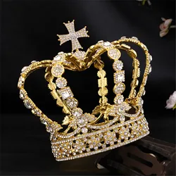 Male Cross Crown Baroque Bridal Wedding Crown Royal Queen King Tiara Birthday Party Hair Jewelry Accessories Prom Pageant Diadem