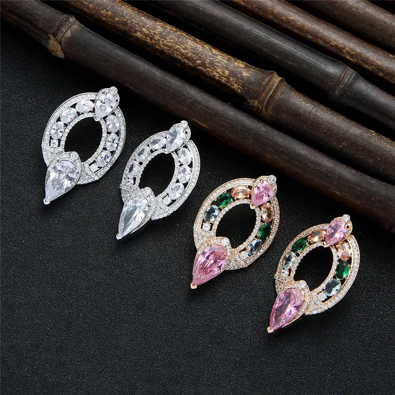 New Arrival Silver Color Micro Paved Water Drop Round Shiny Earrings For Women Cubic Zircon Luxury Charming Wedding Jewelry Gift