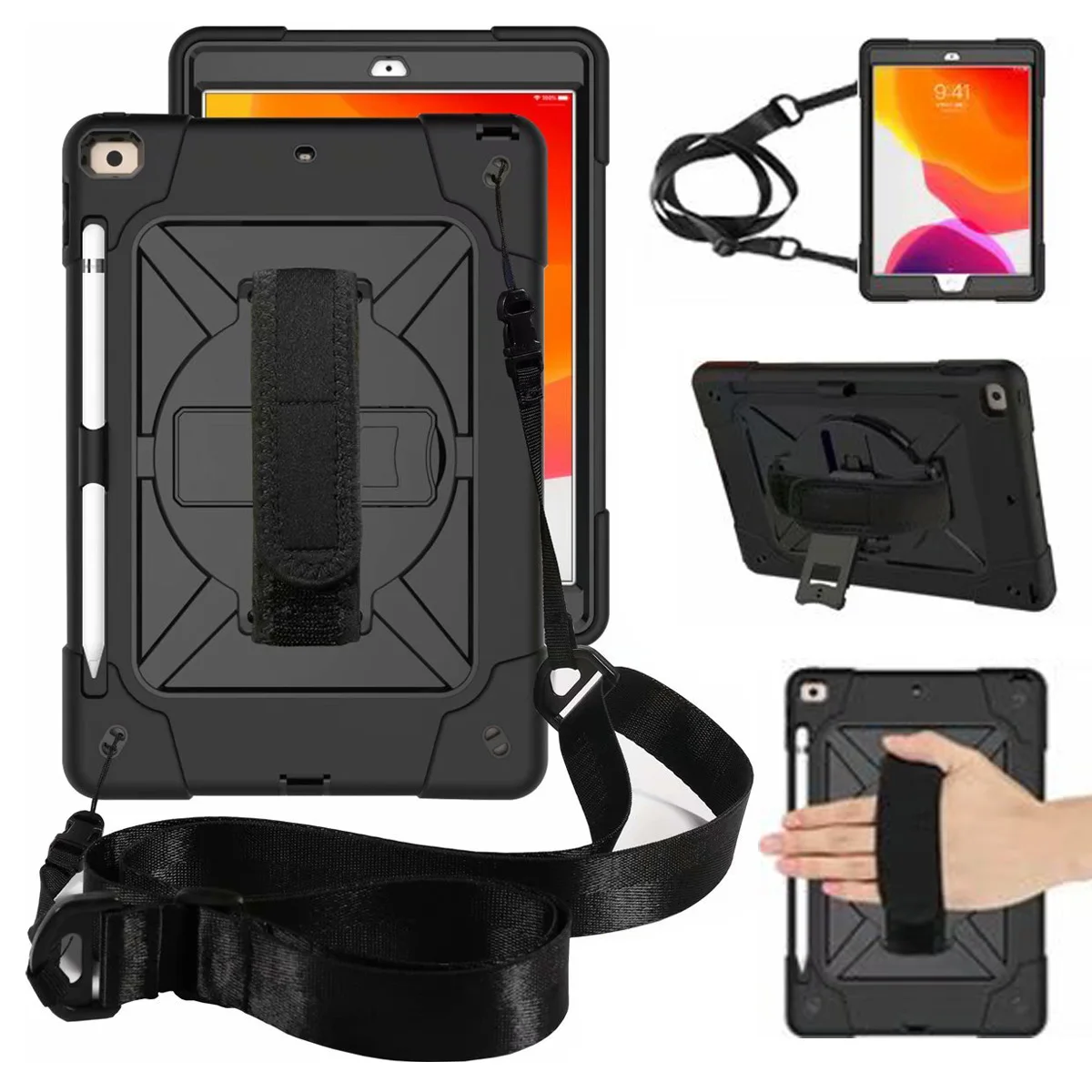 For iPad 8th Generation Case 2020 Pencil Holder Heavy Duty Rugged Shockproof Hybrid Armor Case Hand Shoulder Strap for iPad 10.2