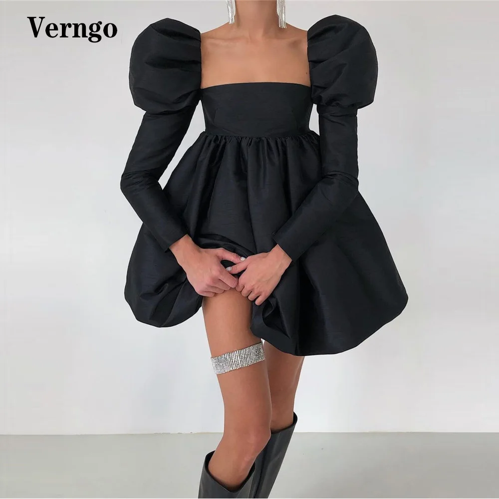 

Verngo Simple Black/Ivory Cocktail Dresses Puff Long Sleeves Strapless Satin Mini Short Prom Gowns Modern Graduation Party Dress