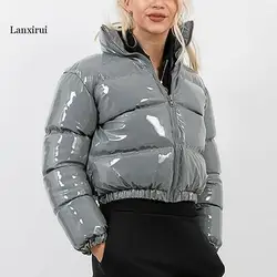 Chaqueta de plumas de PU brillante para mujer, abrigo cálido de burbujas, Parka de plumón, abrigo con cremallera, Parka recortada rosa, XXL, Otoño e Invierno