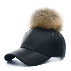 MAERSHEI Women Fashion Real Fur Baseball Cap Warm Casual Sweer Girl Hat Snapback Pom Pom Cap Leather Hip Hop Bone Caps