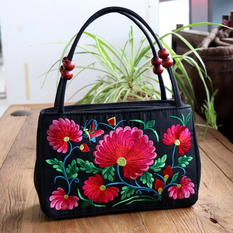 Bolso pequeño bordado para mujer, bolsa con asa superior, bordado Floral nacional, de una sola capa, con abalorios