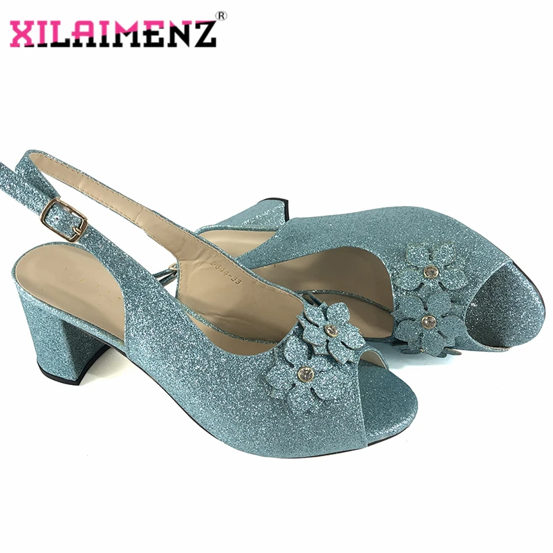 Sky Blue Color 2019 Hot Selling Mature Nigerian Women Shoes for Wedding Party High Quality Shinning Crystal with Appliques