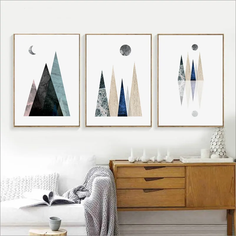 Nordic Stil Abstrakte Geometrische Berg Wand Kunst Mond Sonne Dekoration Bild Für Wohnzimmer Gemälde auf Der Wand Leinwand Druck