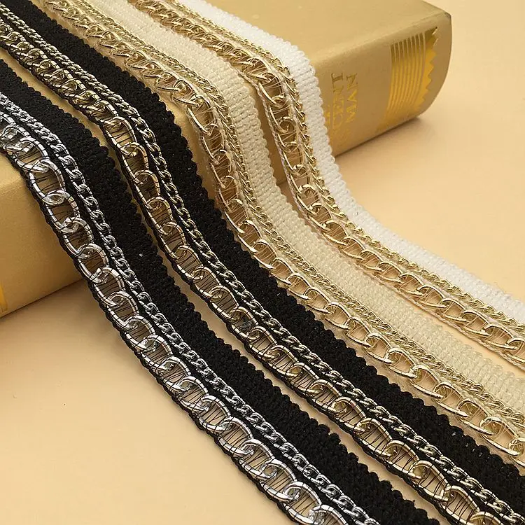 2Yards White Black Beaded Cotton Embroidered Aluminum Chain Crochet Woven Lace Trim Fabric Handmade DIY Sewing Craft Ribbons