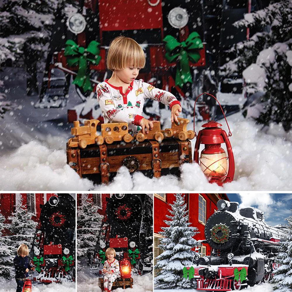 Winter Holiday Express Backdrop Frozen Christmas Trees Snow Birthday Art Background Photo Studio Train Red House Xmas Props